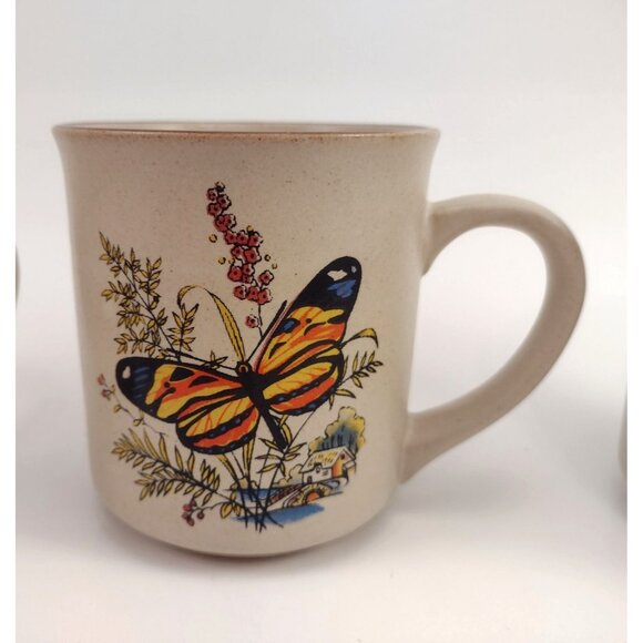 Vintage MCM Butterfly Stoneware Coffee Mugs Tea Cup Set Of 3 Yellow Orange - Picture 6 of 11